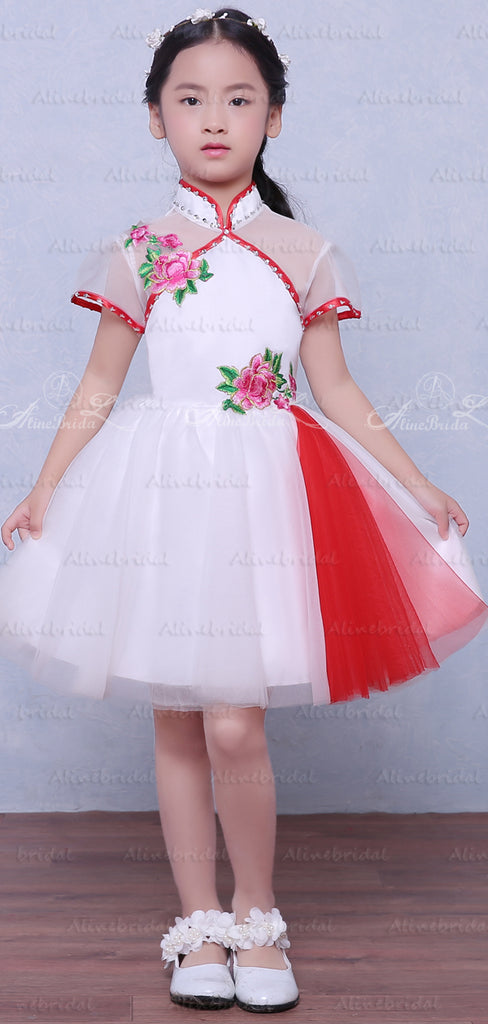 Unique Cheongsam Style High Neck Short Sleeve Floral Applique Flower Girl Dresses, FGS121