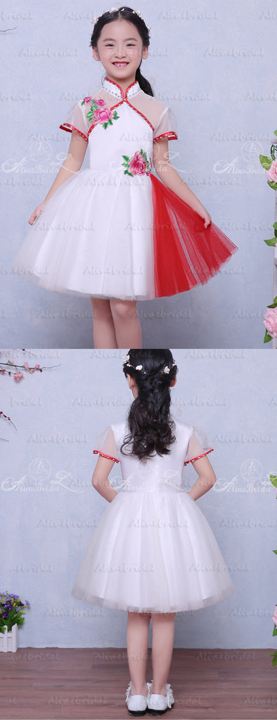 Unique Cheongsam Style High Neck Short Sleeve Floral Applique Flower Girl Dresses, FGS121