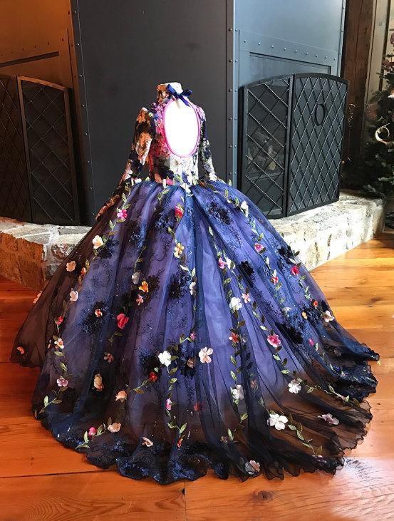 Unique Gorgeous Navy Applique High Neck Princess Flower Girl Dresses, AlineBridal Unique Gorgeous Navy Applique High Neck Princess Flower Girl Dresses, AlineBridal