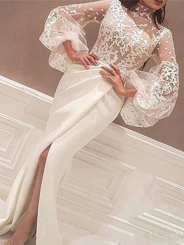 Unique Illusion Lace Lantern Sleeve Mermaid Wedding Dresses, AB1511 AlineBridal Unique Illusion Lace Lantern Sleeve Mermaid Wedding Dresses, AB1511 AlineBridal