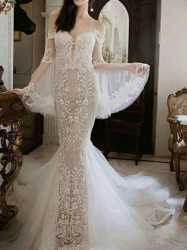 Unique Long Sleeve Off Shoulder Lace Mermaid Wedding Dresses, AB1508 AlineBridal Unique Long Sleeve Off Shoulder Lace Mermaid Wedding Dresses, AB1508 AlineBridal
