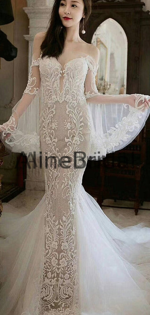 Unique Long Sleeve Off Shoulder Lace Mermaid Wedding Dresses, AB1508