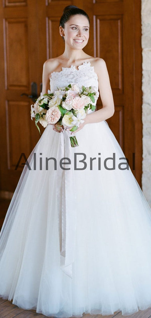 Unique Strapless Lace Tulle Ball Gown Wedding Dresses, AB1529