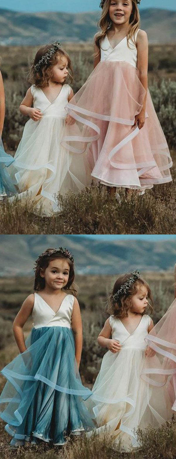 V neck Ruffles Tulle Sleeveless Country Wedding Flower Girl Dresses F AlineBridal