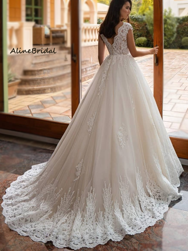 Elegant V-neck Lace Off-shoulder A-line Wedding Dress, WD3010