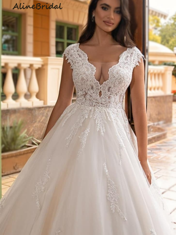 Elegant V-neck Lace Off-shoulder A-line Wedding Dress, WD3010