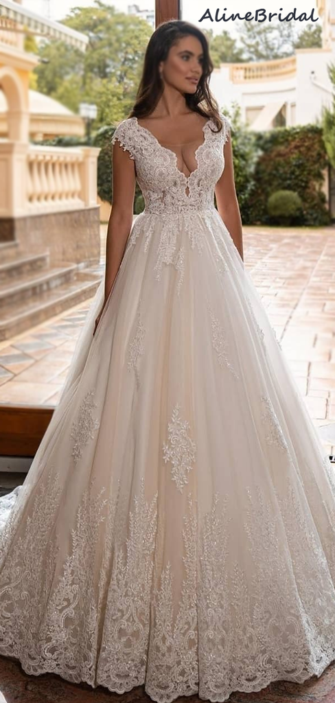 Elegant V-neck Lace Off-shoulder A-line Wedding Dress, WD3010