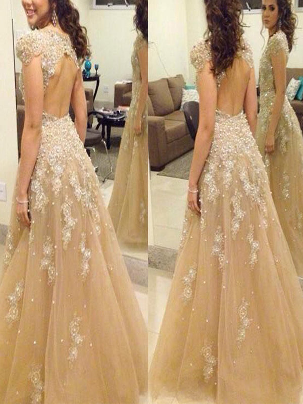 Vintage Appliques A-line Cap Sleeve Beading Sparkly Open Back Floor Length Long Prom Gown Dresses.   BD01220