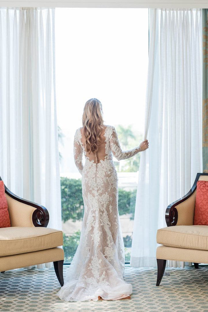 Vintage Lace Long Sleeve See Through Back Nude Mermaid Wedding Dresses, WD0173