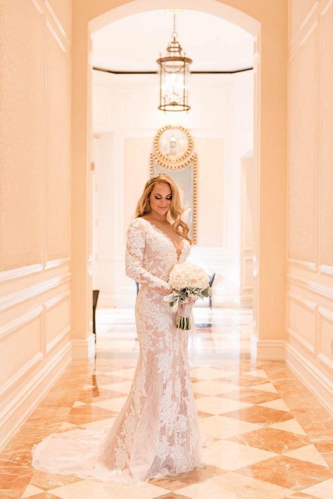 Vintage Lace Long Sleeve See Through Back Nude Mermaid Wedding Dresses, WD0173
