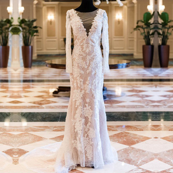Vintage Lace Long Sleeve See Through Back Nude Mermaid Wedding Dresses   AlineBridal
