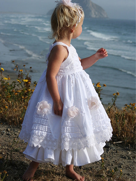 Vintage Lace Tiered Satin A-line Boho Flower Girl Dresses, FGS050 โ AlineBridal