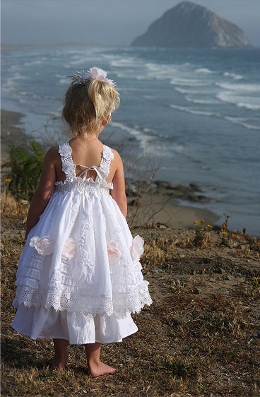 Vintage Lace Tiered Satin A-line Boho Flower Girl Dresses, FGS050