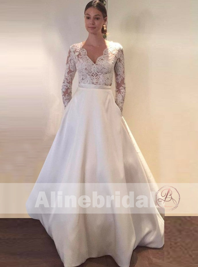 Vintage Lace Top Ivory Satin Long Sleeves Wedding Dresses With Pockets AlineBridal Vintage Lace Top Ivory Satin Long Sleeves Wedding Dresses With Pockets AlineBridal
