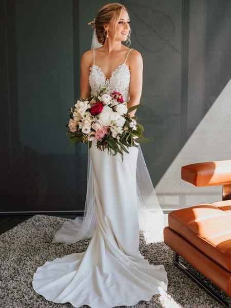 Vintage Lace Top Spaghetti Strap Backless Mermaid Train Wedding Dresse – AlineBridal