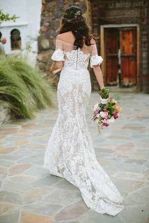 Vintage Off Shoulder Half Sleeve See Through Ivory Lace Nude Wedding Dresses, WD0009