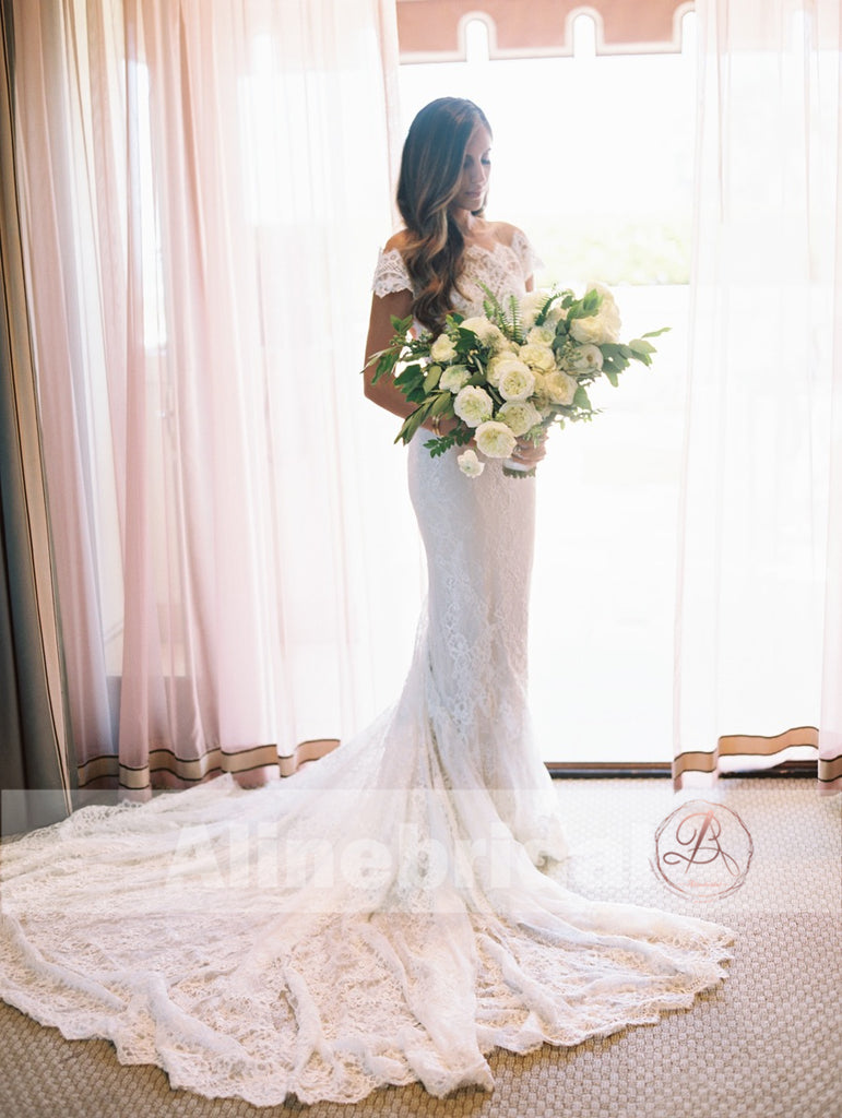 Vintage Off Shoulder See Through Illusion Back Mermaid Wedding Dresses – AlineBridal