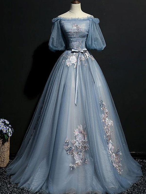 Vintage Princess Off Shoulder Half Sleeve Dusty Blue Appliques Ball Go AlineBridal