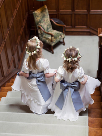 Vintage White SatinChiffon Short Bubble Sleeves A-line Flower Girl Dresses with Bow, FGS110