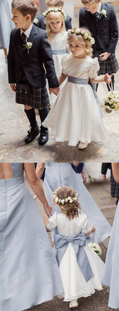 Vintage White SatinChiffon Short Bubble Sleeves A-line Flower Girl Dresses with Bow, FGS110
