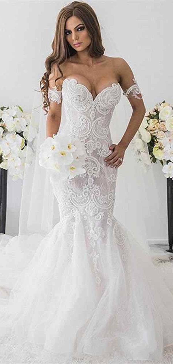 New Vintage Mermaid Off The Shoulder Formal Lace Charming Wedding Dres – AlineBridal New Vintage Mermaid Off The Shoulder Formal Lace Charming Wedding Dres – AlineBridal