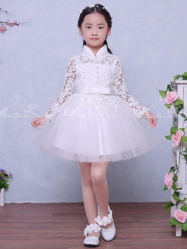 White Lace High Neck Long Sleeve Cute Flower Girl Dresses, FGS119 –  AlineBridal