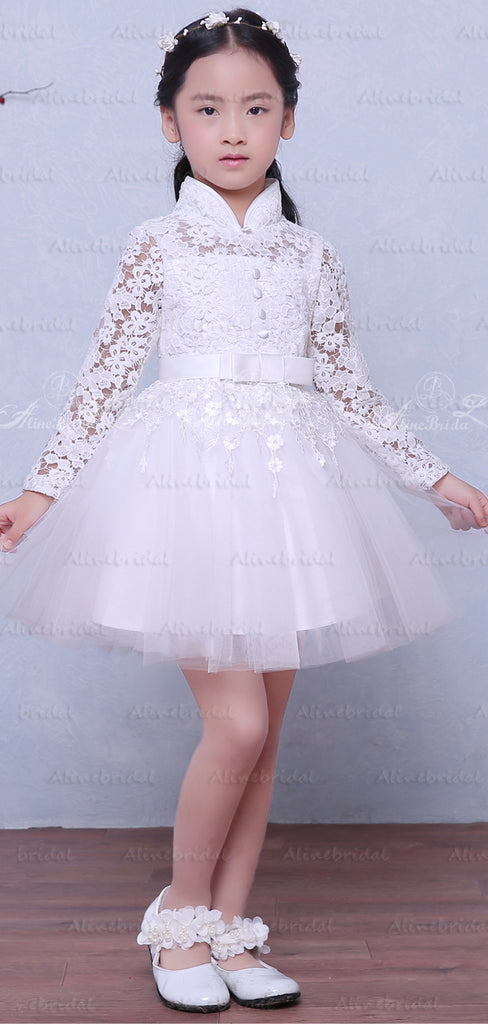 White Lace High Neck Long Sleeve Cute Flower Girl Dresses, FGS119