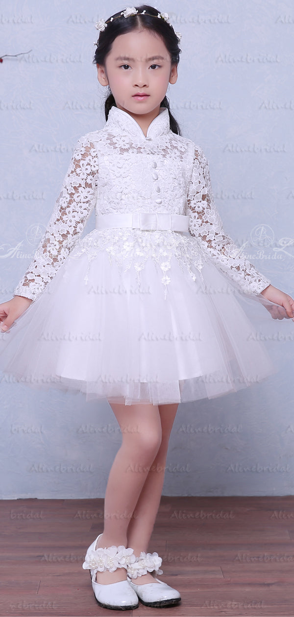 White Lace High Neck Long Sleeve Cute Flower Girl Dresses FGS119