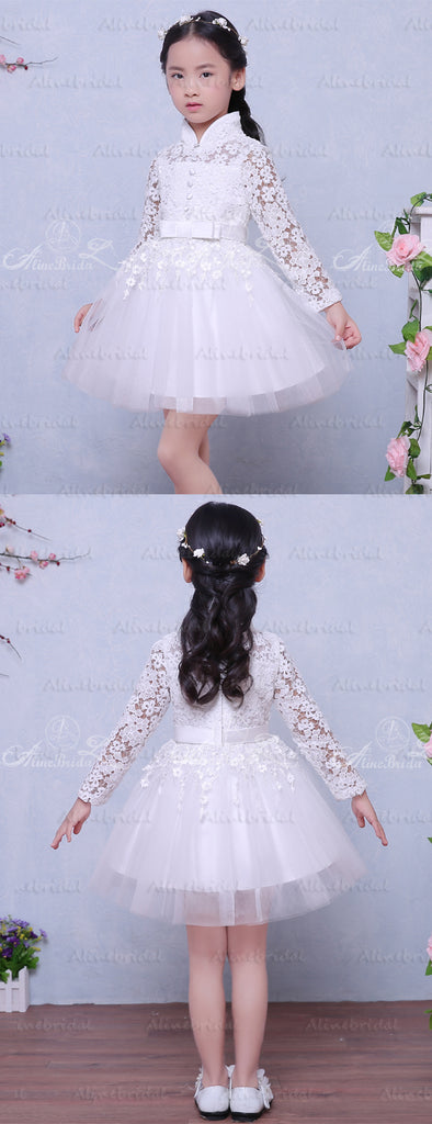 White Lace High Neck Long Sleeve Cute Flower Girl Dresses, FGS119