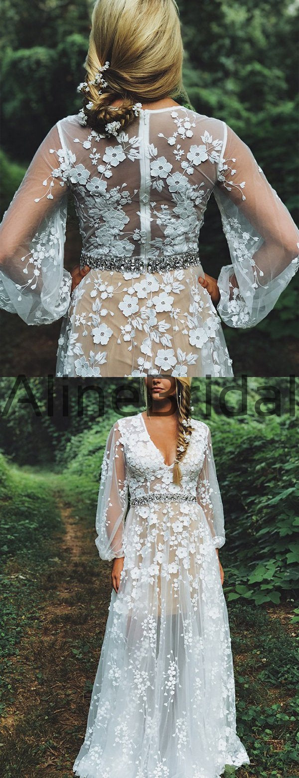 white long sleeve dress with flowers White Lace Illusion Long Sleeve Boho Wedding Dresses, AB1512 – AlineBridal