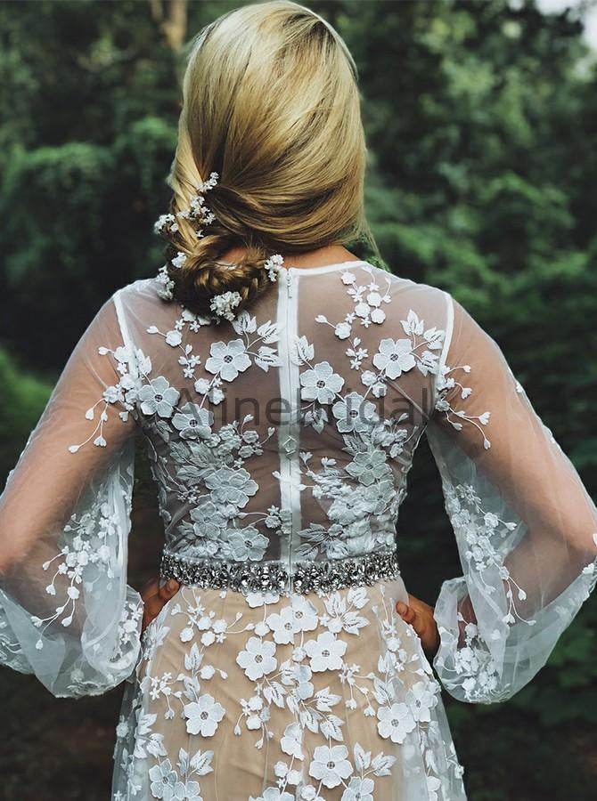 White Lace Illusion Long Sleeve Boho Wedding Dresses, AB1512 AlineBridal White Lace Illusion Long Sleeve Boho Wedding Dresses, AB1512 AlineBridal
