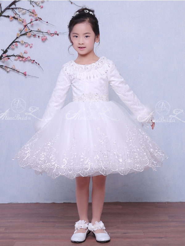 White Lace Long Sleeve Winter Wedding Flower Girl Dresses, FGS028 AlineBridal White Lace Long Sleeve Winter Wedding Flower Girl Dresses, FGS028 AlineBridal