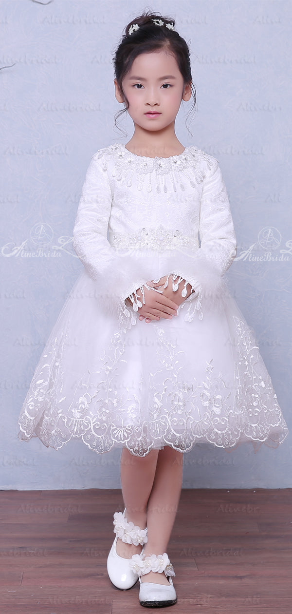 White Lace Long Sleeve Winter Wedding Flower Girl Dresses, FGS028 AlineBridal White Lace Long Sleeve Winter Wedding Flower Girl Dresses, FGS028 AlineBridal
