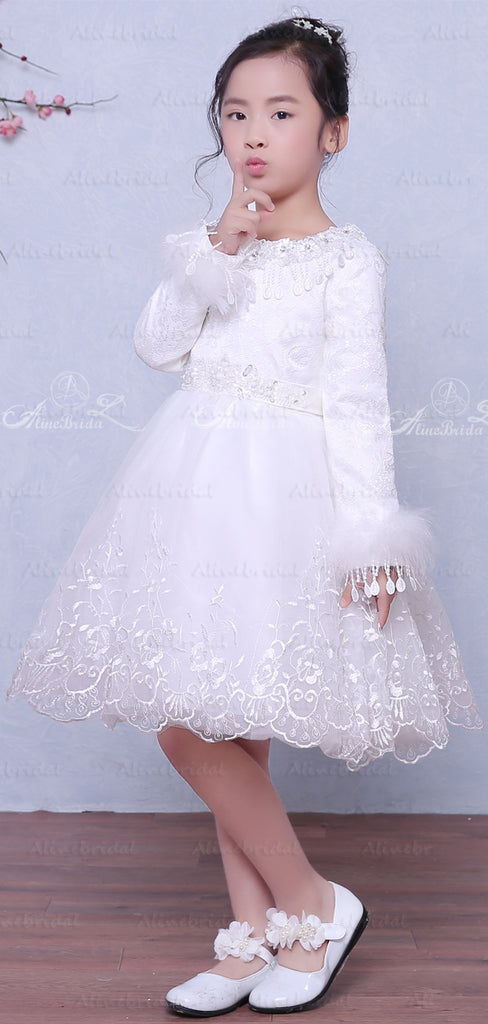 White Lace Long Sleeve Winter Wedding Flower Girl Dresses, FGS028