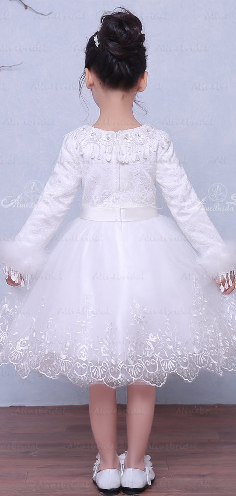 White Lace Long Sleeve Winter Wedding Flower Girl Dresses, FGS028