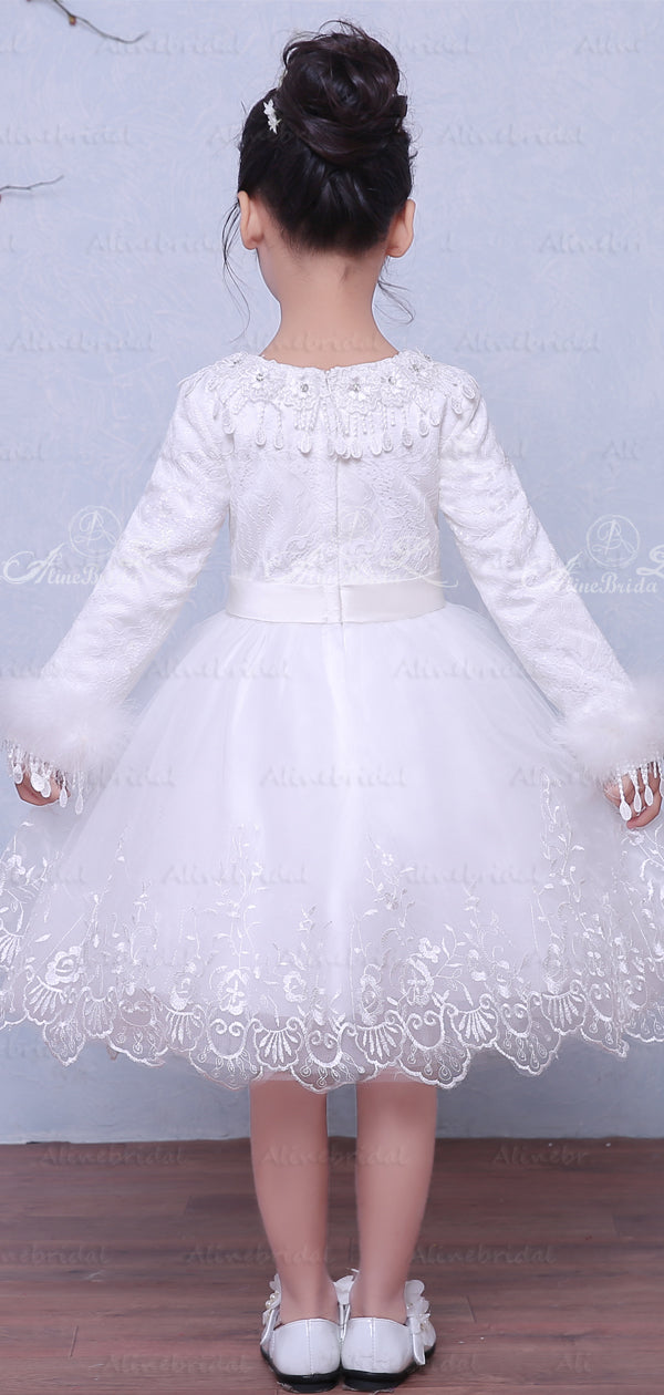 White Lace Long Sleeve Winter Wedding Flower Girl Dresses, FGS028 –  AlineBridal