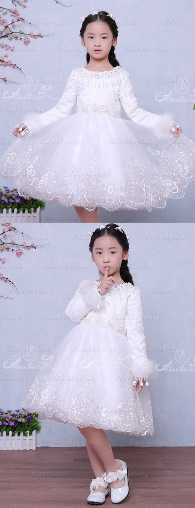White Lace Long Sleeve Winter Wedding Flower Girl Dresses, FGS028