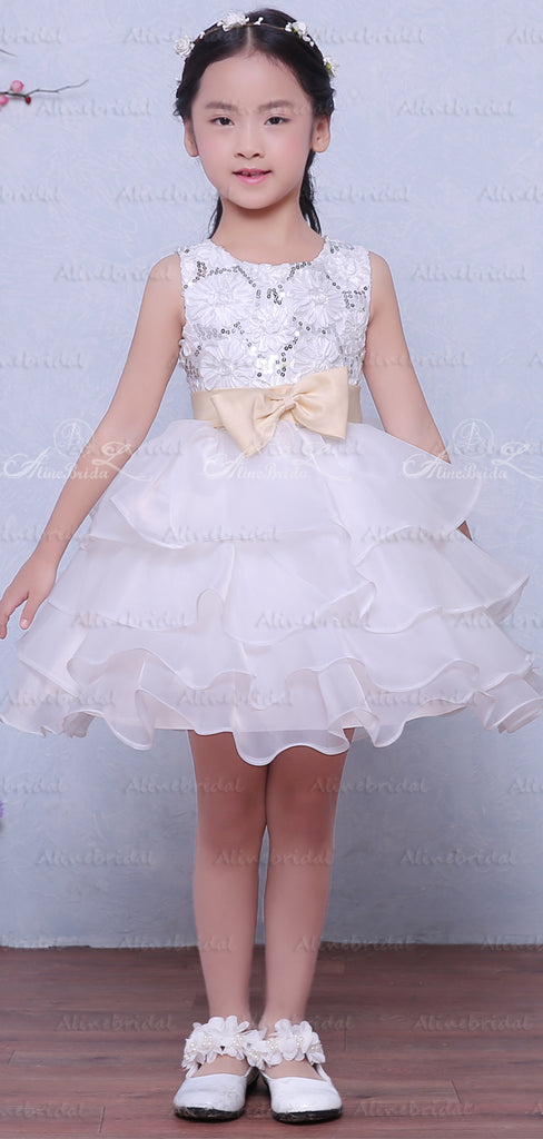 White Organza Tiered Lace With Sequin With Belt Flower Girl Dresses, FGS122