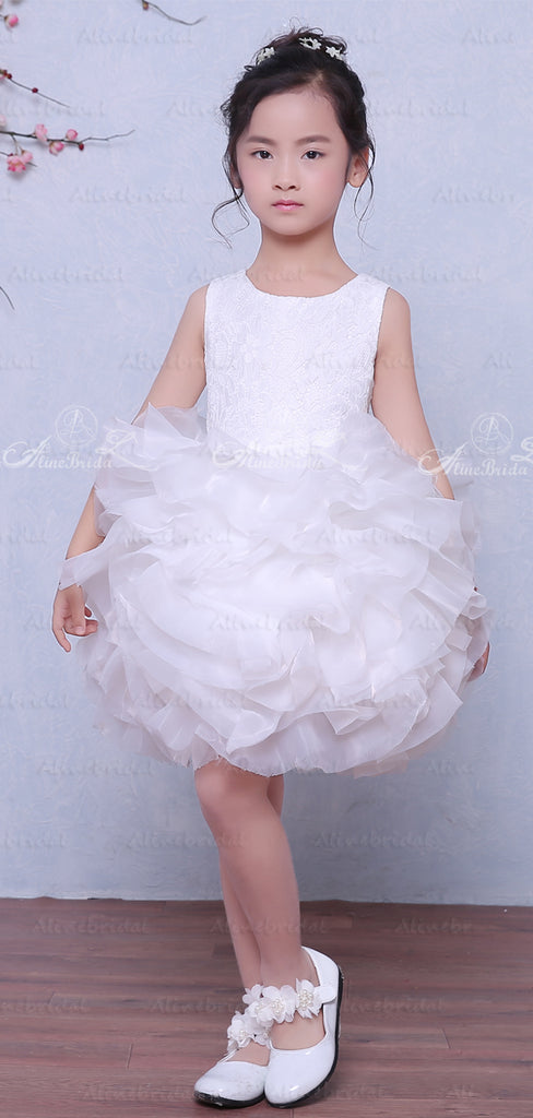 White Ruffles Organza Ball Gown Short Flower Girl Dresses, FGS032