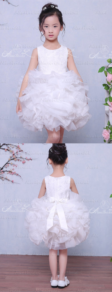 White Ruffles Organza Ball Gown Short Flower Girl Dresses, FGS032