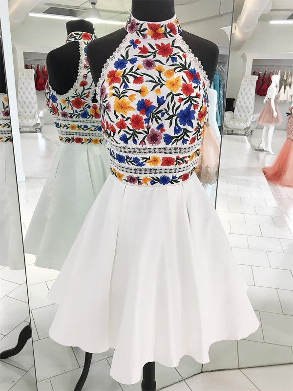 White Satin Embroidery High Neck Open Back Homecoming Dresses,HD0020 AlineBridal White Satin Embroidery High Neck Open Back Homecoming Dresses,HD0020 AlineBridal