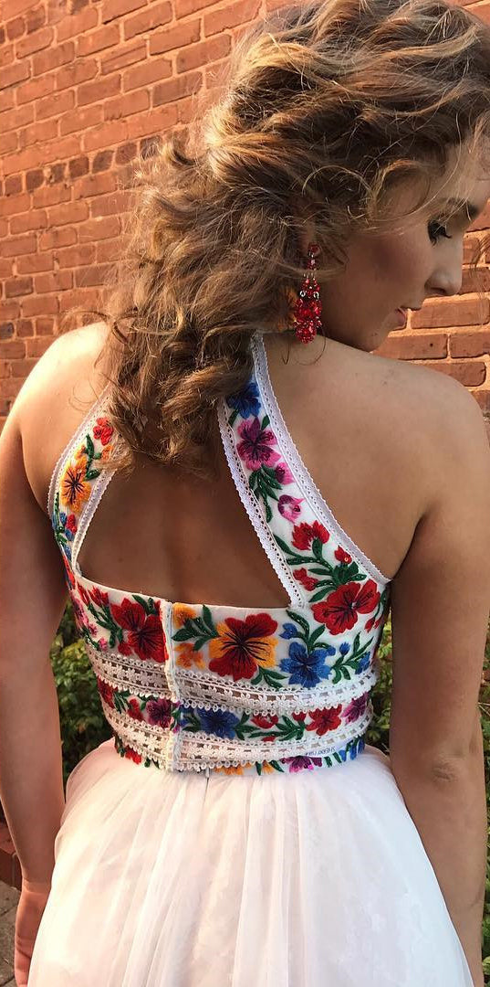 White Satin Embroidery High Neck Open Back Homecoming Dresses HD0020 AlineBridal