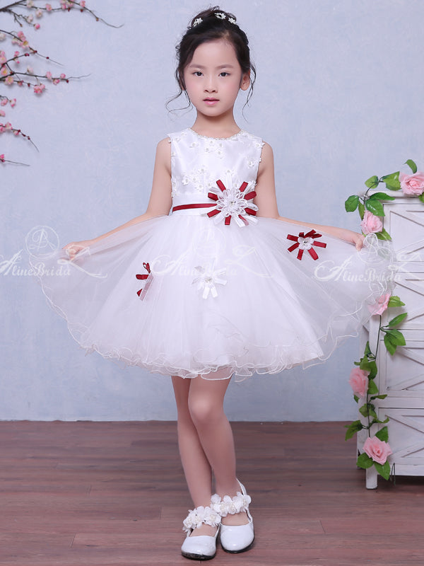 White Tulle Flower Belt Flower Girl Dresses with Bow-Knot, Popular Lit –  OkBridal