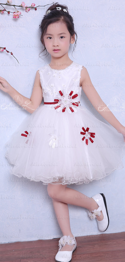 White Satin Tulle Applique Belt Simple Sweet Flower Girl Dresses, FGS034