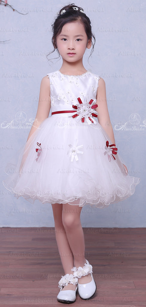 White Satin Tulle Applique Belt Simple Sweet Flower Girl Dresses, FGS034