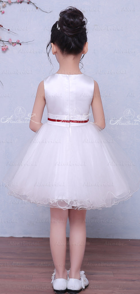 White Satin Tulle Applique Belt Simple Sweet Flower Girl Dresses, FGS034