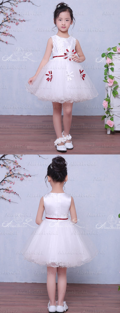 White Satin Tulle Applique Belt Simple Sweet Flower Girl Dresses, FGS034