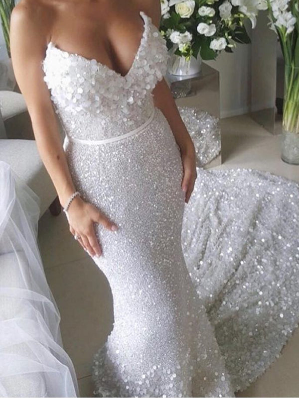 White Sequin Applique Strapless Mermaid Train Wedding Dresses , AB1523
