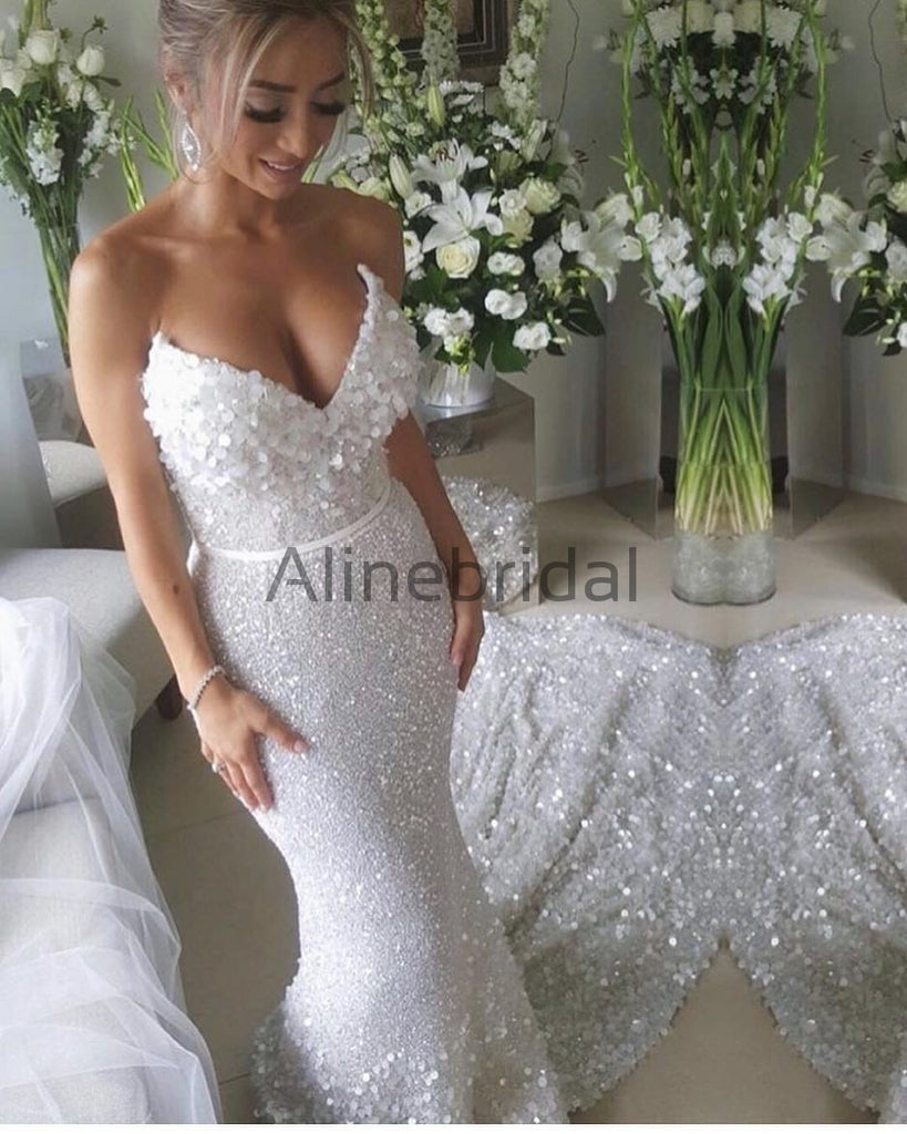 White Sequin Applique Strapless Mermaid Train Wedding Dresses , AB1523