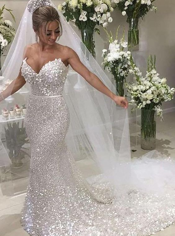 White Sequin Applique Strapless Mermaid Train Wedding Dresses , AB1523